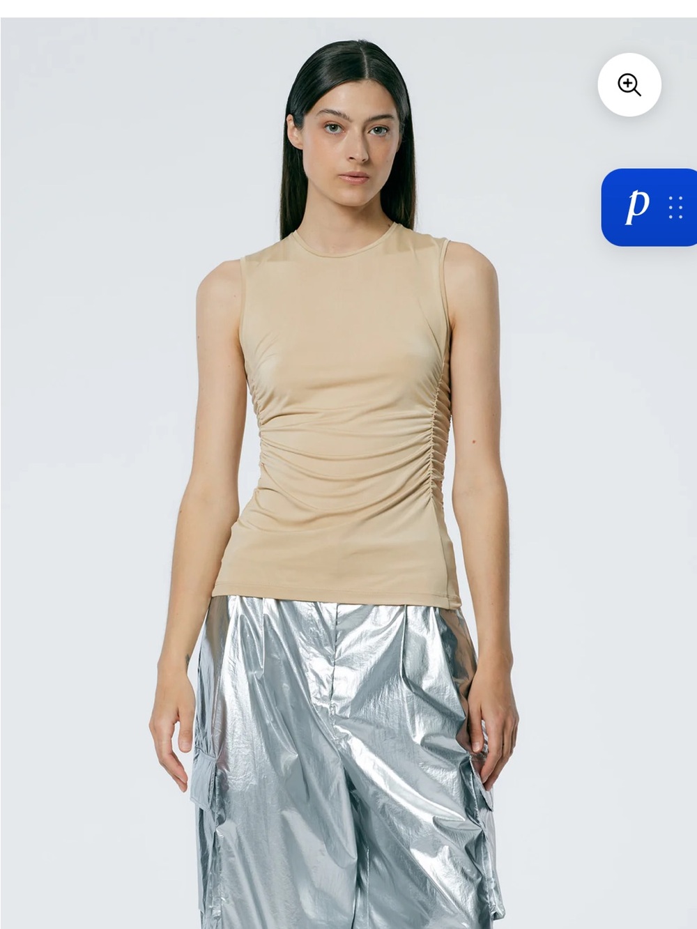 Micro Jersey Shirred Crewneck Top  XS Nude Sleeveless Ruched Tank Top nwot